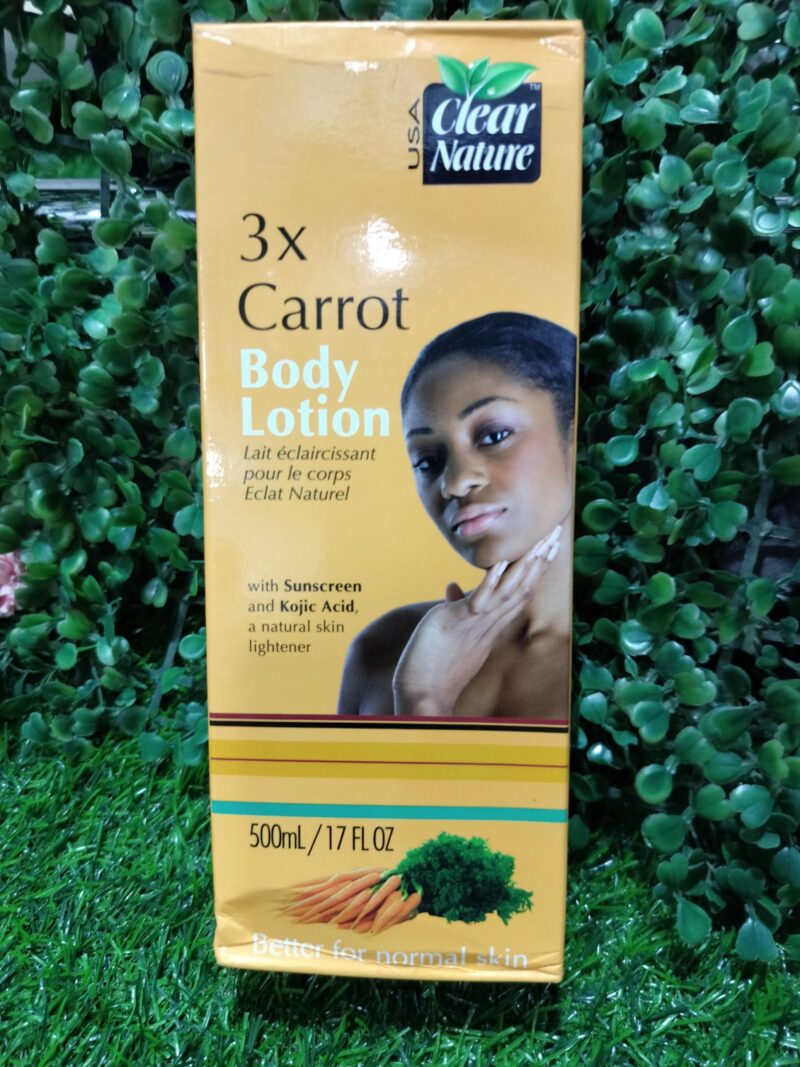 Clear Nature 3X Carrot Body Lotion with sunscreen and kojic Acid.